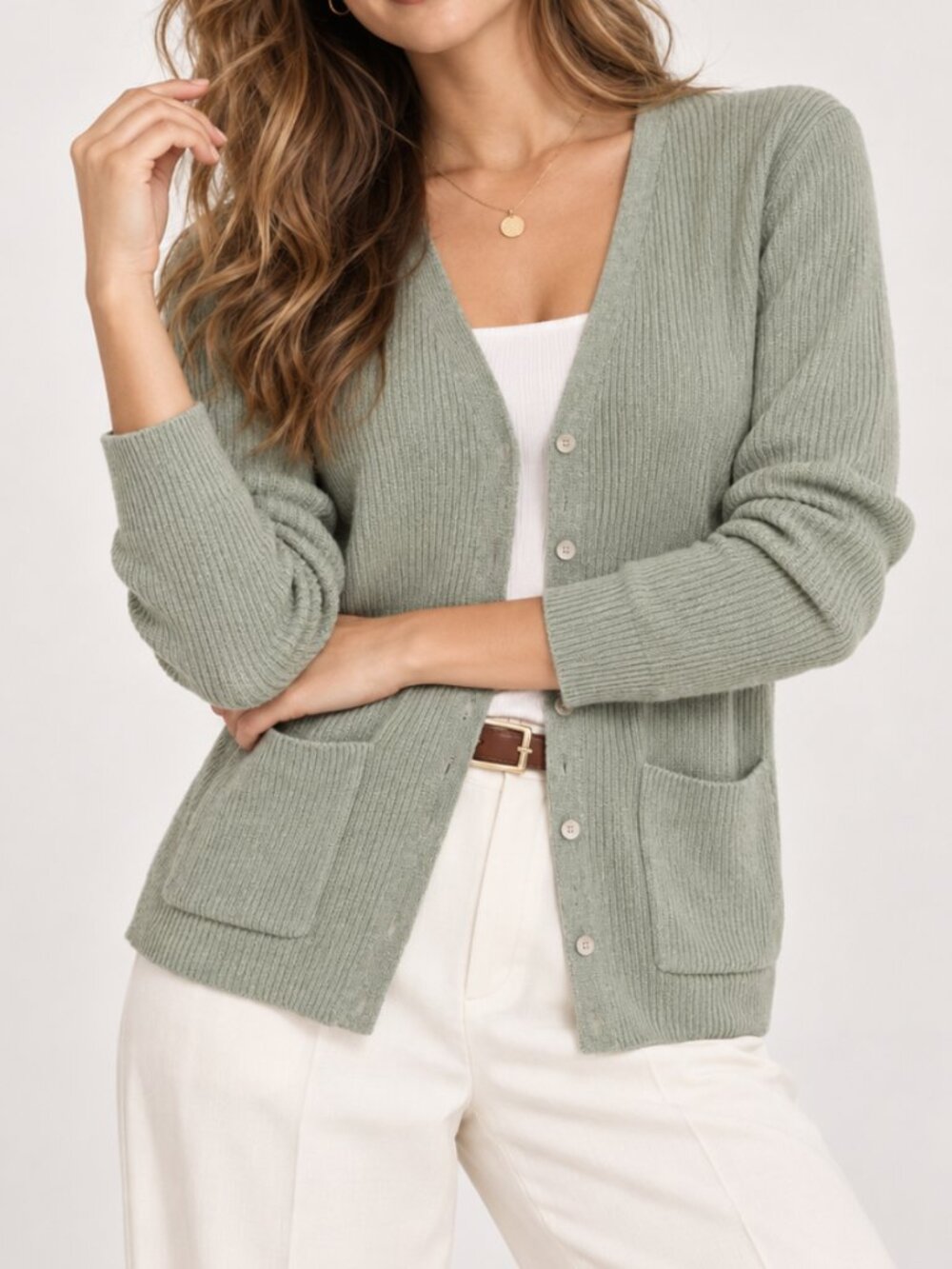NWT GAP Sage Green Ribbed Cotton V-Neck Cardigan Pocket Sweater Size M
